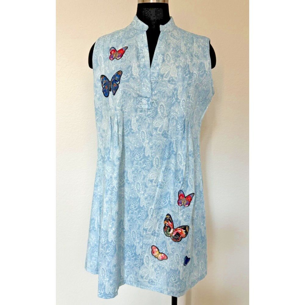 Adore Dress Women Medium Blue White Paisley Colorful Butterfly Embroidery - Picture 2 of 11